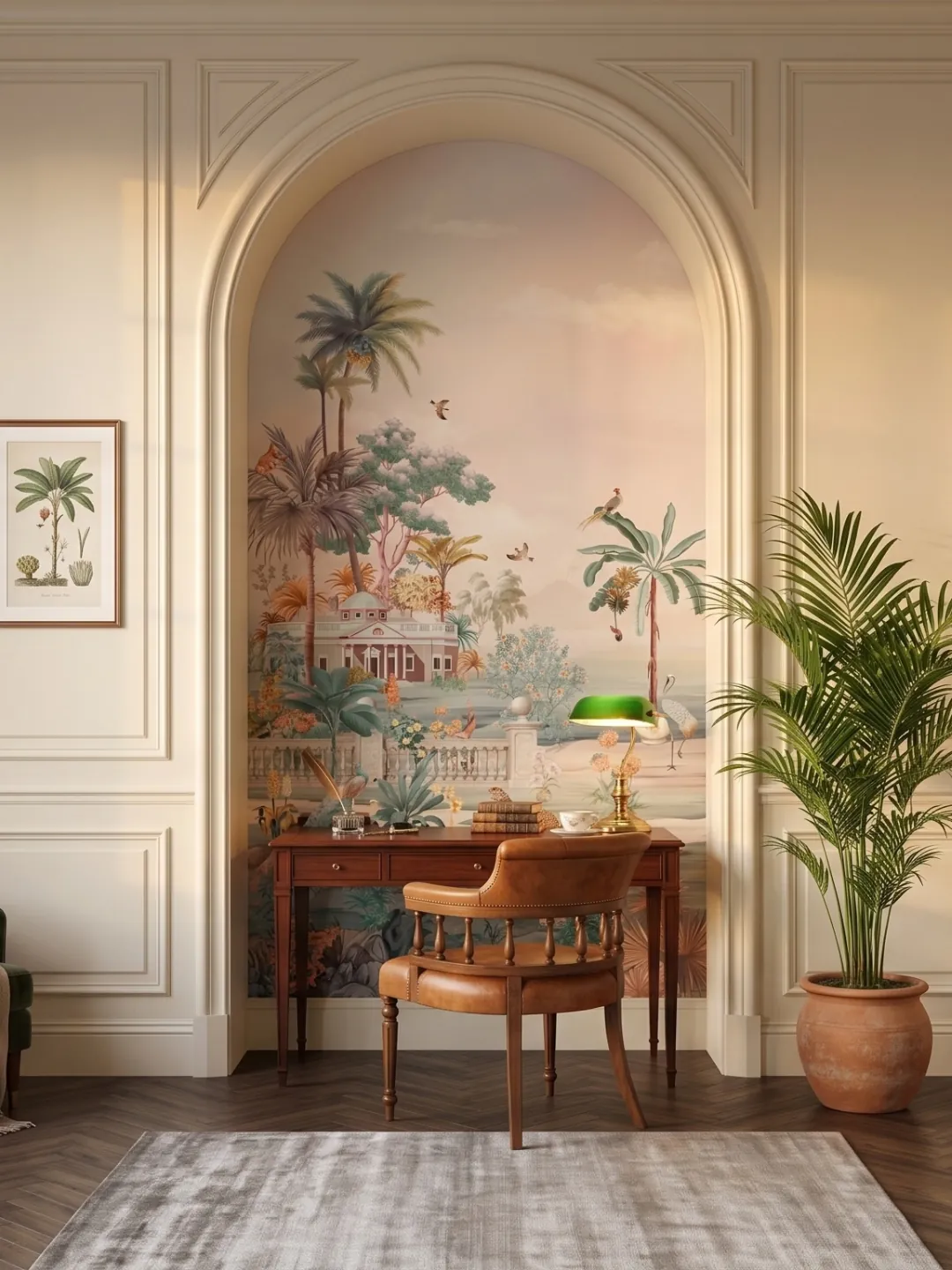 Mural de paisaje tropical dentro de un arco en un estudio