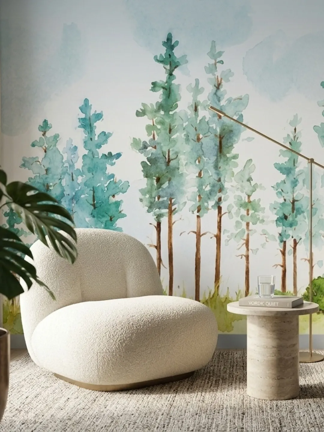 Mural de bosque de pinos en acuarela en una sala