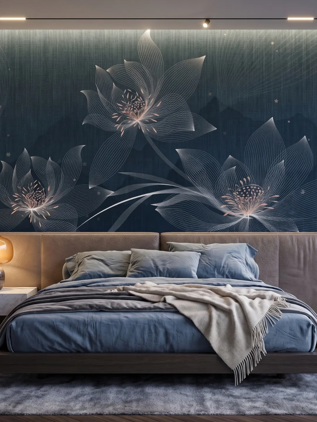 Mural de flores de loto sobre fondo azul noche en una recámara