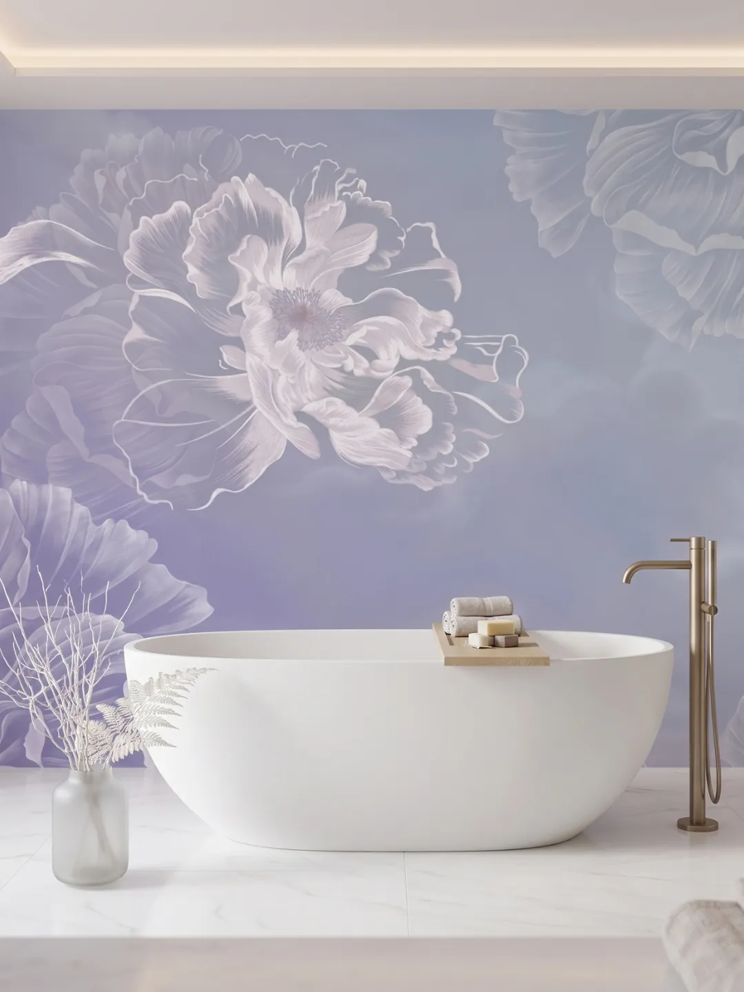 Mural de flores en tono lavanda en un baño