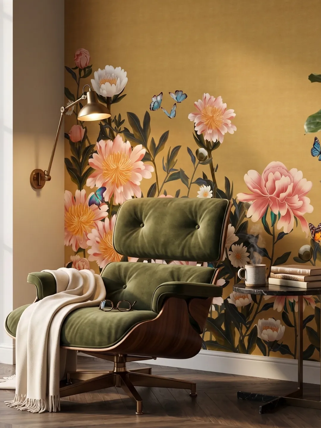 Mural de flores tipo peonía sobre fondo mostaza en una sala