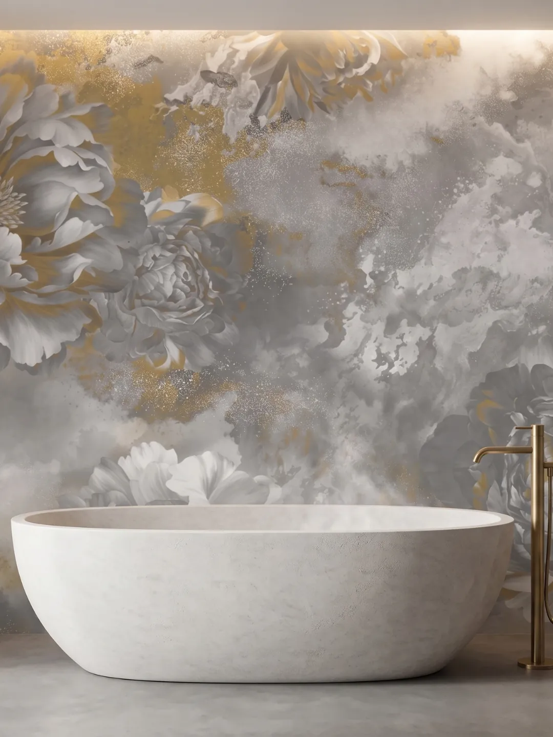 Mural efecto mármol con vetas doradas en un baño
