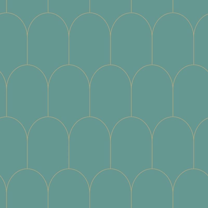Papel tapiz art deco verde mar y oro