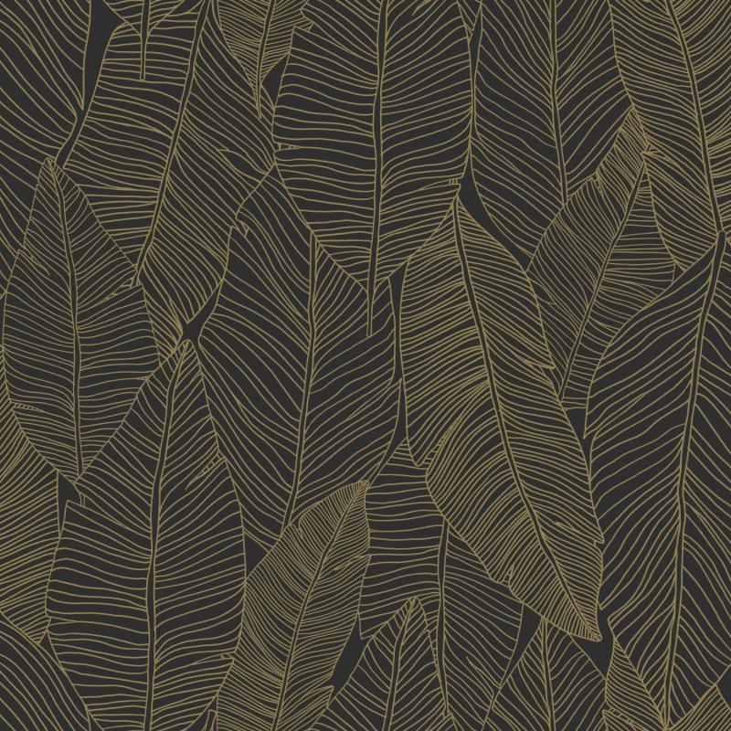 Papel tapiz Papel tapiz hojas dibujadas negro y oro - Decora Pro