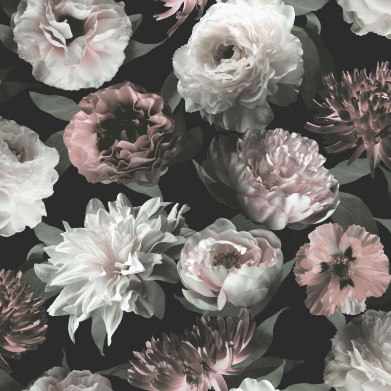 Papel tapiz Papel tapiz flores negro, blanco y rosa suave - Decora Pro