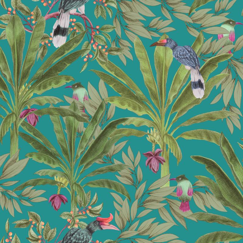 Papel tapiz Papel Tapiz hojas de la selva tropical y pájaros del paraíso azul petroleo y verde selva - Decora Pro